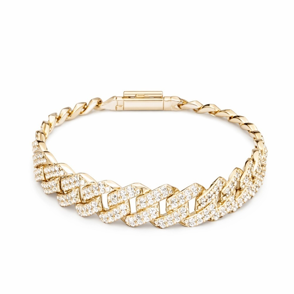Gold Cuban Link Bracelet with Pave Crystals 14mm • 7.5”